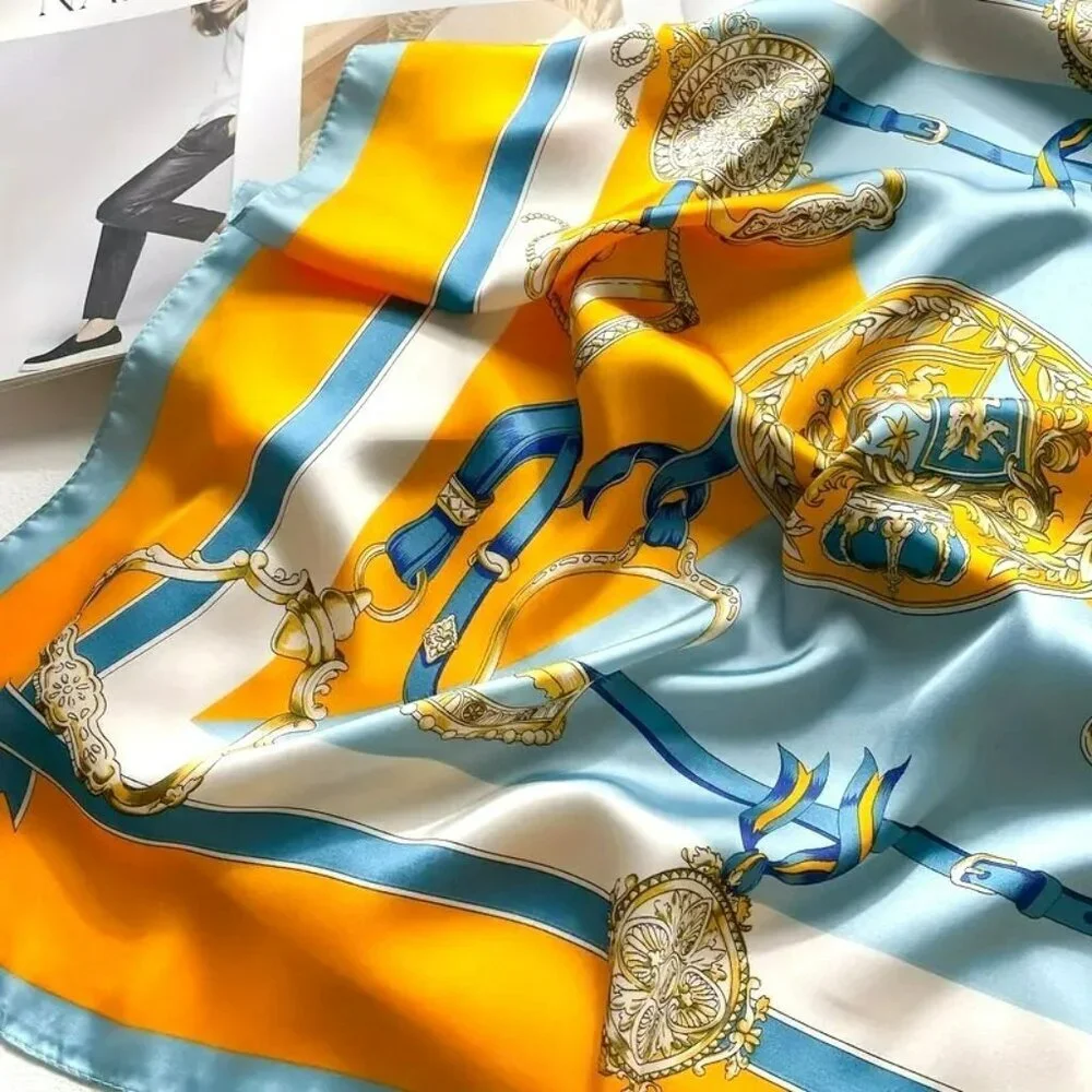 NWT - Elegant Orange-Blue Altar Print Square Scarf (SKU 0281)